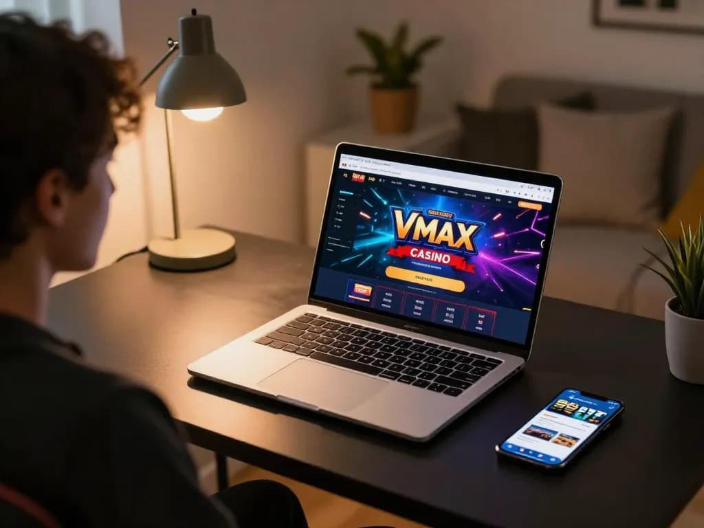 Engaging in sports betting and online gaming at Vmax ok with vibrant visuals and cozy atmosphere.