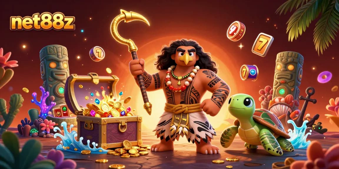 net88z showcases an exciting casino scene with vibrant characters and treasure elements.