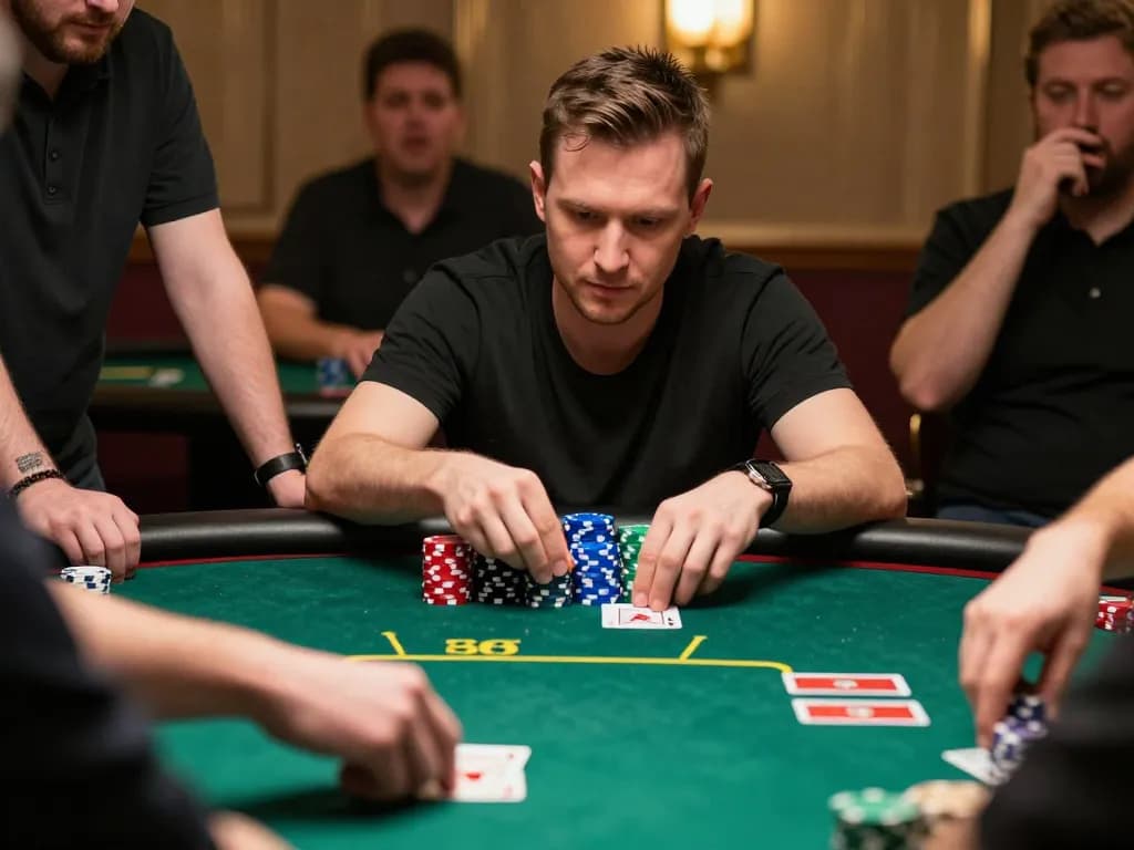Experience high-stakes poker at Go88 casino table, chips stacked and dealer revealing the river card