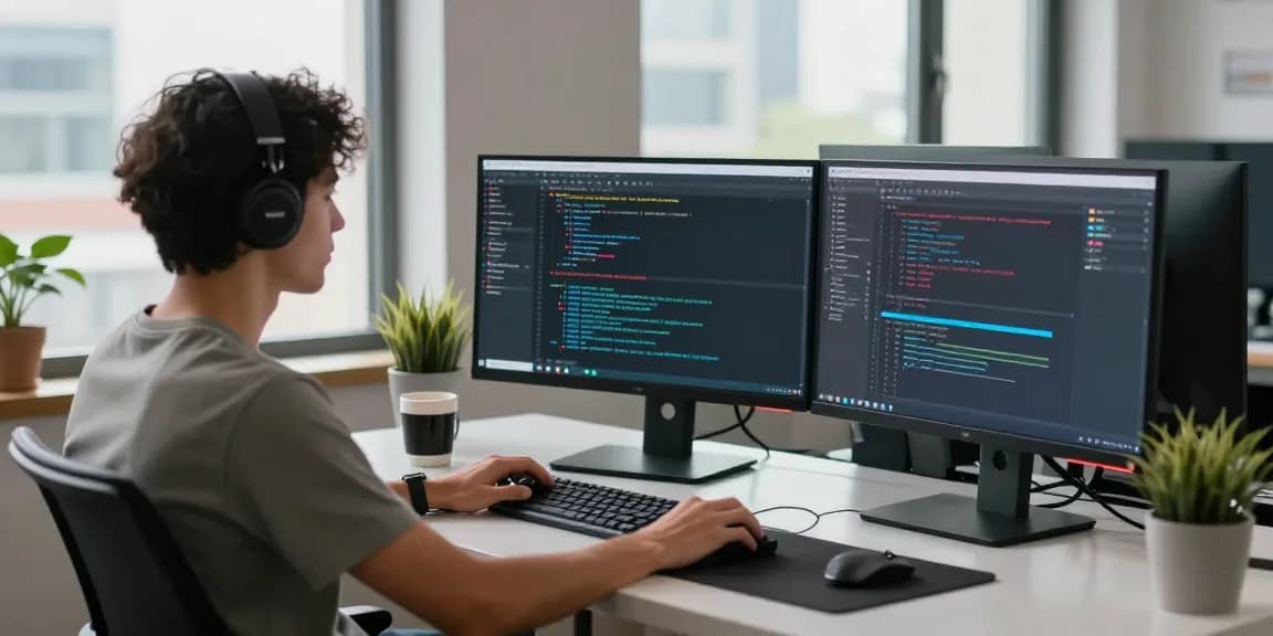Developer coding at telegraimin.com workspace with monitors and coffee in modern office