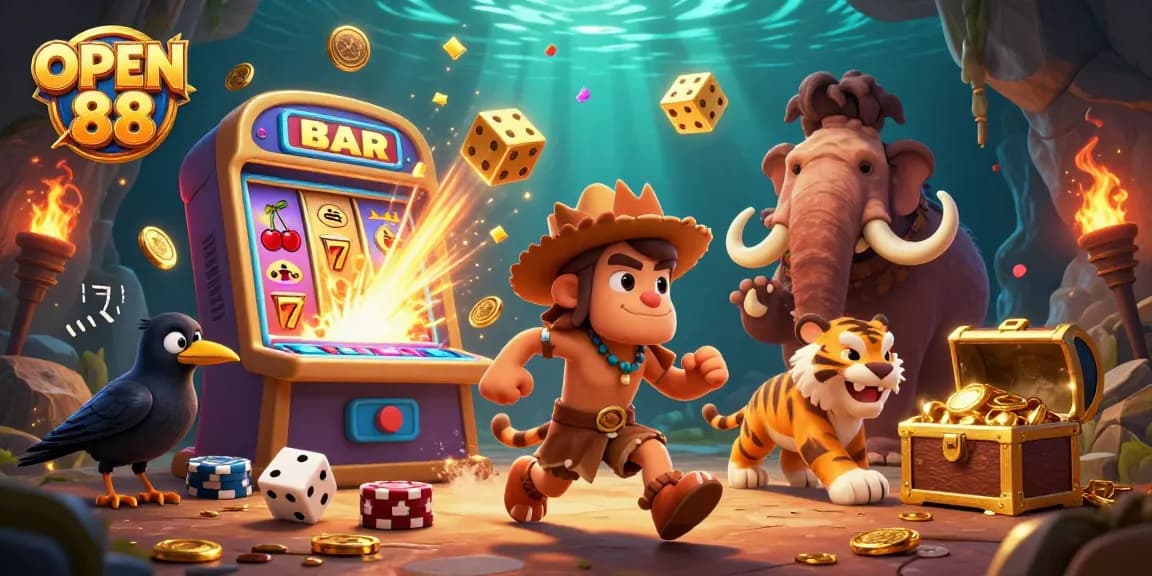 Engage in winning adventures at OPEN 88 with a vibrant prehistoric casino scene featuring amazing characters!