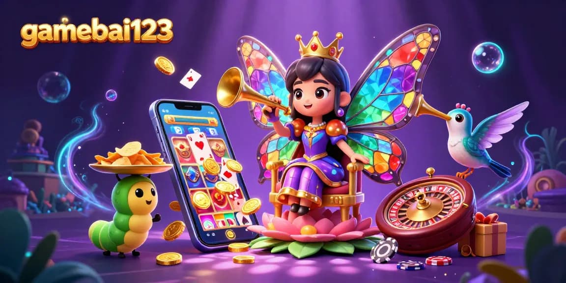 Experience gaming excitement with gamebai123 in a vibrant casino-themed illustration showcasing slot games and poker elements.
