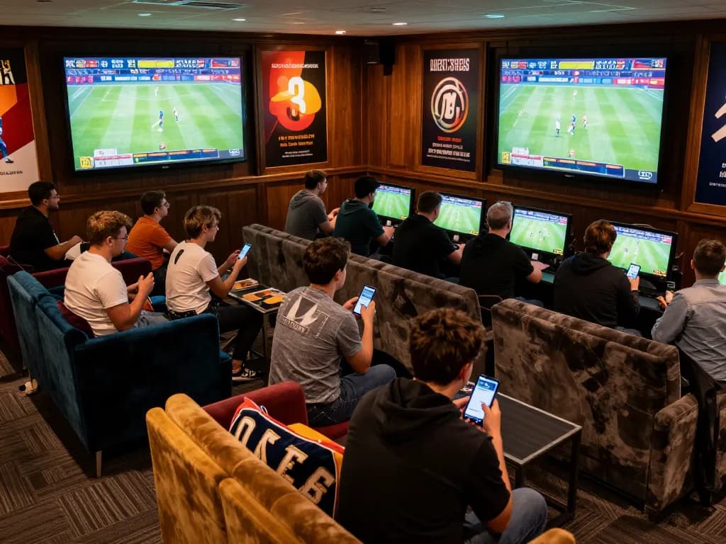 Engaged bettors at the Sunwin sports lounge placing bets and watching live games