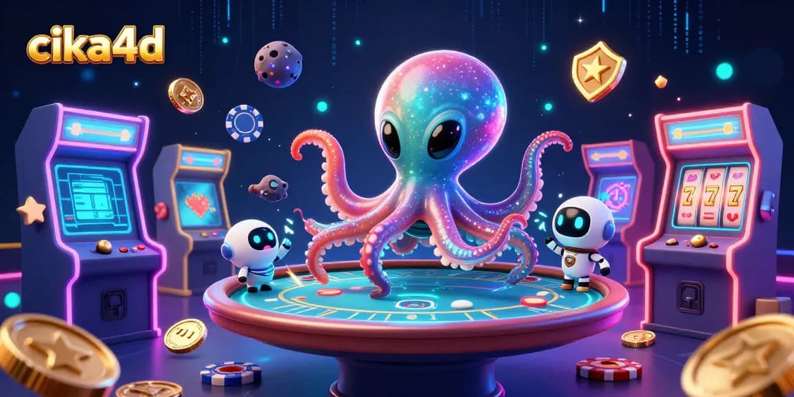 Cika4d illuminates the gambling world with a vibrant 3D scene of an alien octopus at a poker table.