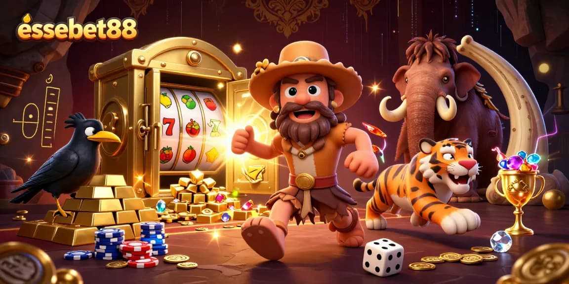 Experience the thrill of essebet88 with this vibrant, dynamic casino-themed 3D illustration.