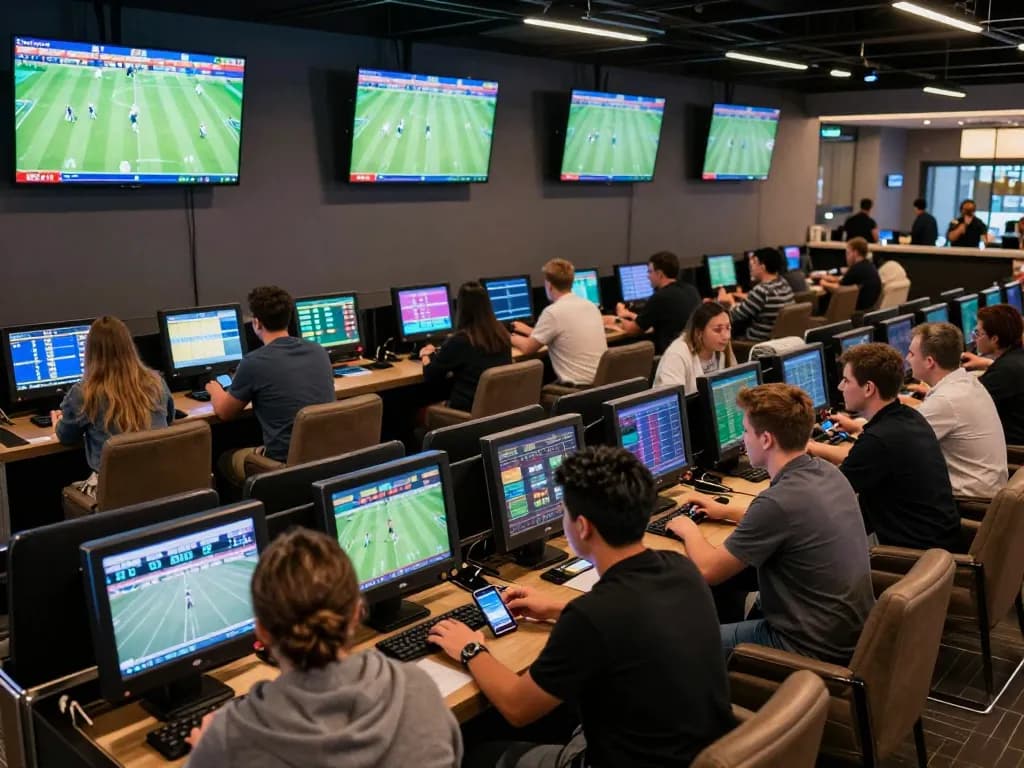 Excited bettors analyzing odds at keonhacaii88 in a vibrant sports venue
