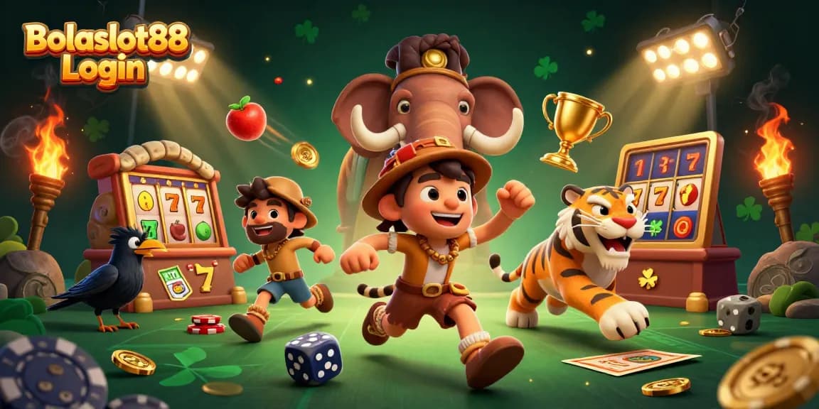 Bolaslot88 Login showcases thrilling prehistoric casino action with caveman and sabertooth duo, surrounded by gold and slots.