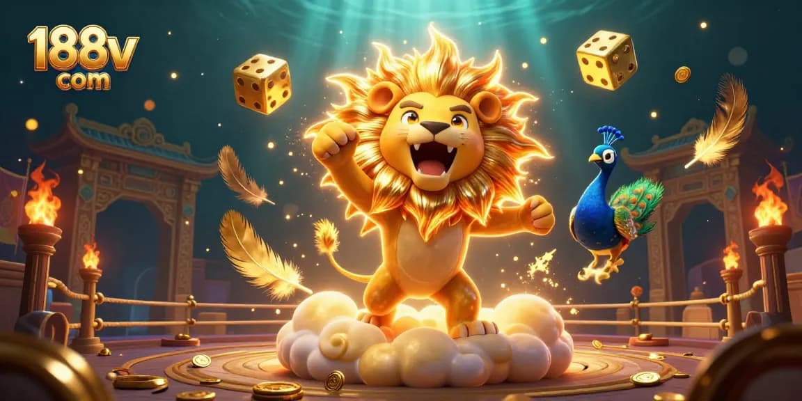Experience thrilling wins with 188v com in a captivating 3D casino scene featuring roaring lion and golden dice.