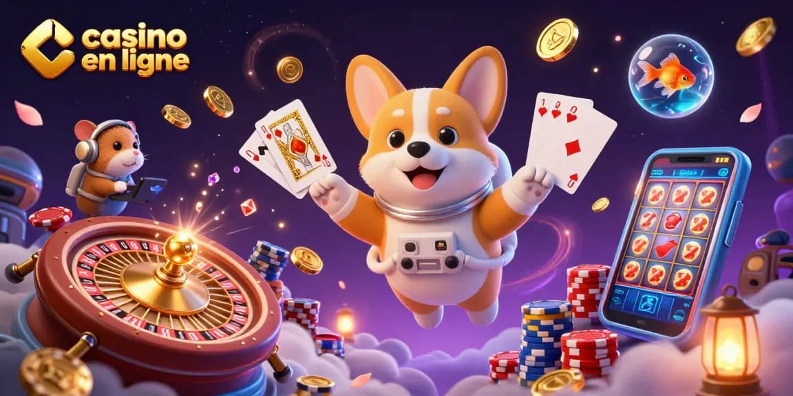 Cuisine virtuelle dans un casino en ligne avec un corgi astronaute flottant, des jetons et des pièces d'or.