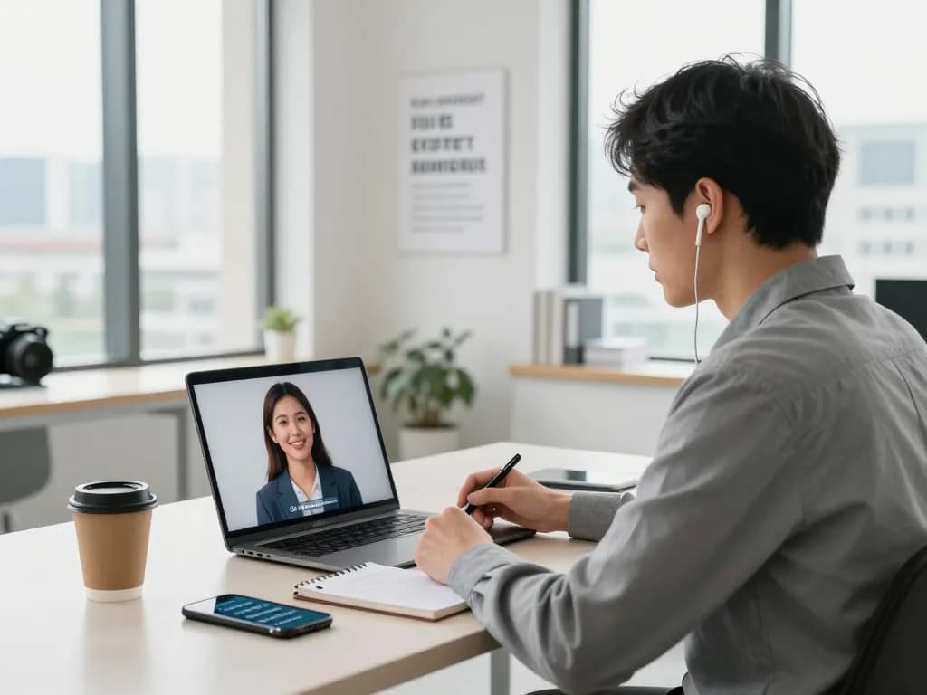 Candidate using ai interview assistant for mock interview preparation in a bright office.