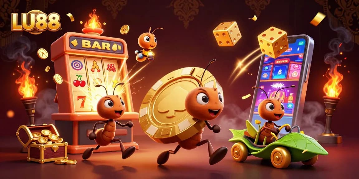 Ants carry golden poker chip in fun LU88-themed casino heist scene