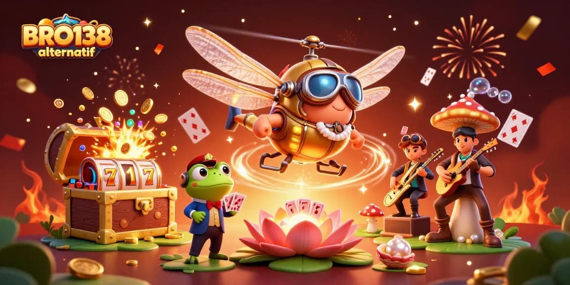 Experience the thrill of BRO138 alternatif with a vibrant 3D casino scene filled with exciting game elements.