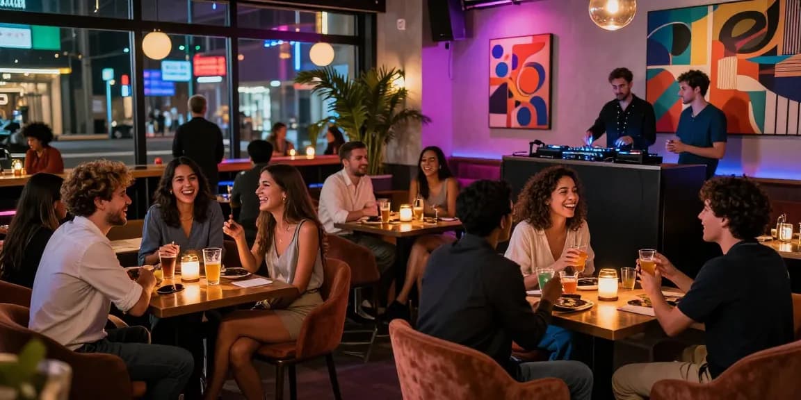 Social gathering at a vibrant 유흥사이트 bar, friends enjoying drinks and nightlife.