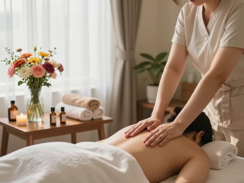 Relaxing scene of a spa massage experience highlighting 오피가이드 with essential oils and natural light.