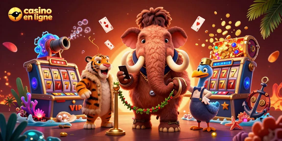 Jouez à casino en ligne avec notre illustration de mammouth bouncer et autres personnages s'amusant.