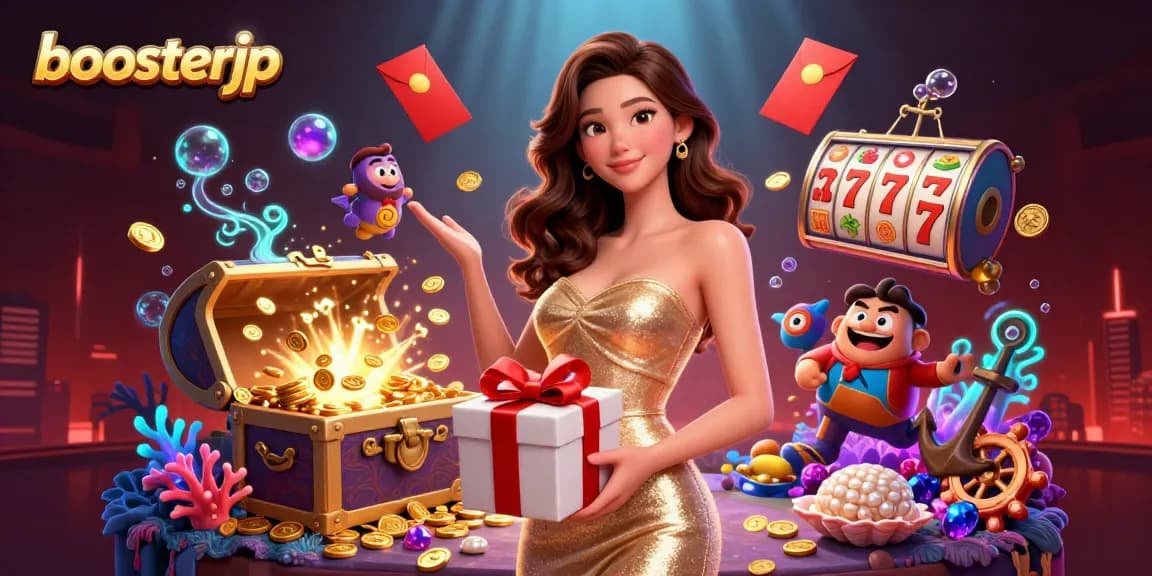 Win thrilling jackpots at boosterjp in a vibrant Lunar New Year-themed casino illustration.