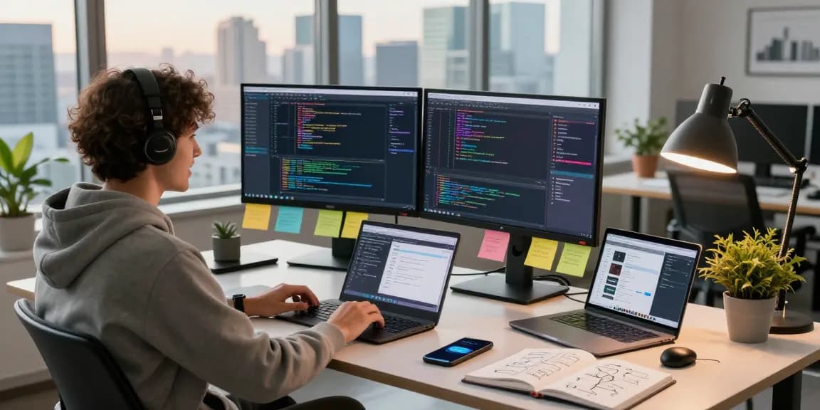 Dynamic developer workspace showcasing coding and creativity at teiegramin.com