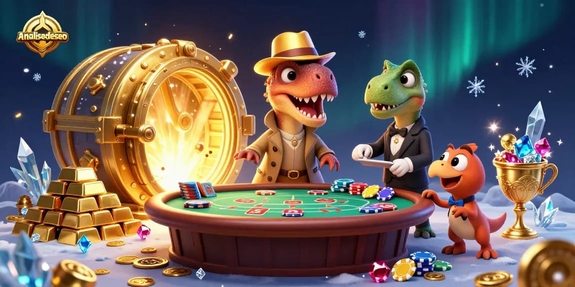 Engaging gambling scene with analisedeseo velociraptor card counter at blackjack table, surrounded by gold treasures