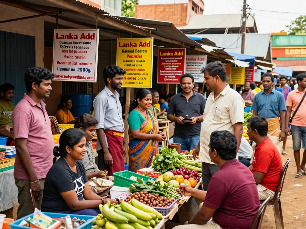 Marketplace scene showcasing Lanka Add ads with local vendors and community interactions
