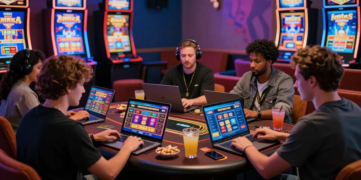 Exciting players enjoying credit card casinos with laptops and game displays in a vibrant gaming lounge.