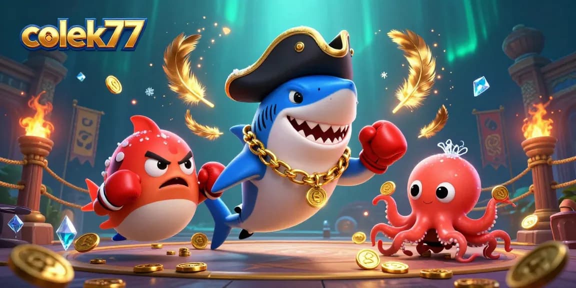 Engage with colek77's vibrant casino scene with animated characters amidst swirling golden particles.