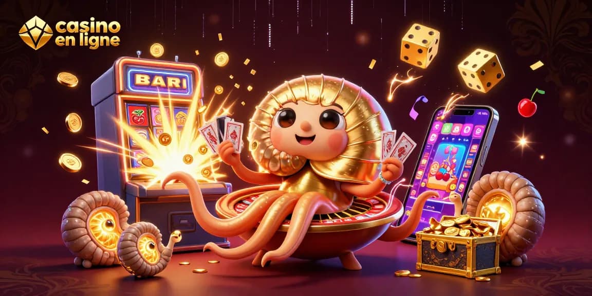 Jouez au casino en ligne avec une machine à sous 3D, un nautilus géant et des cartes scintillantes.