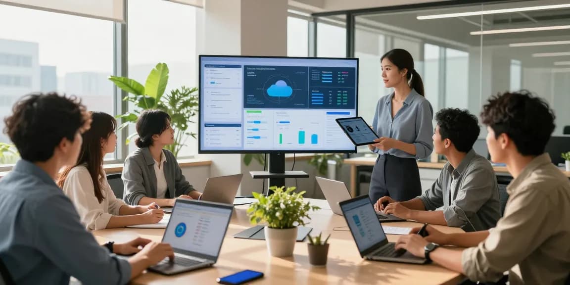 Cloud telephony team collaboration with diverse professionals using advanced technology.