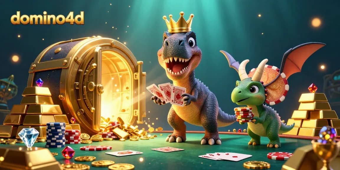 Menangkan permainan domino4d dengan T-Rex lucu bermain kartu dan pterodactyl membantu di kasino megah.