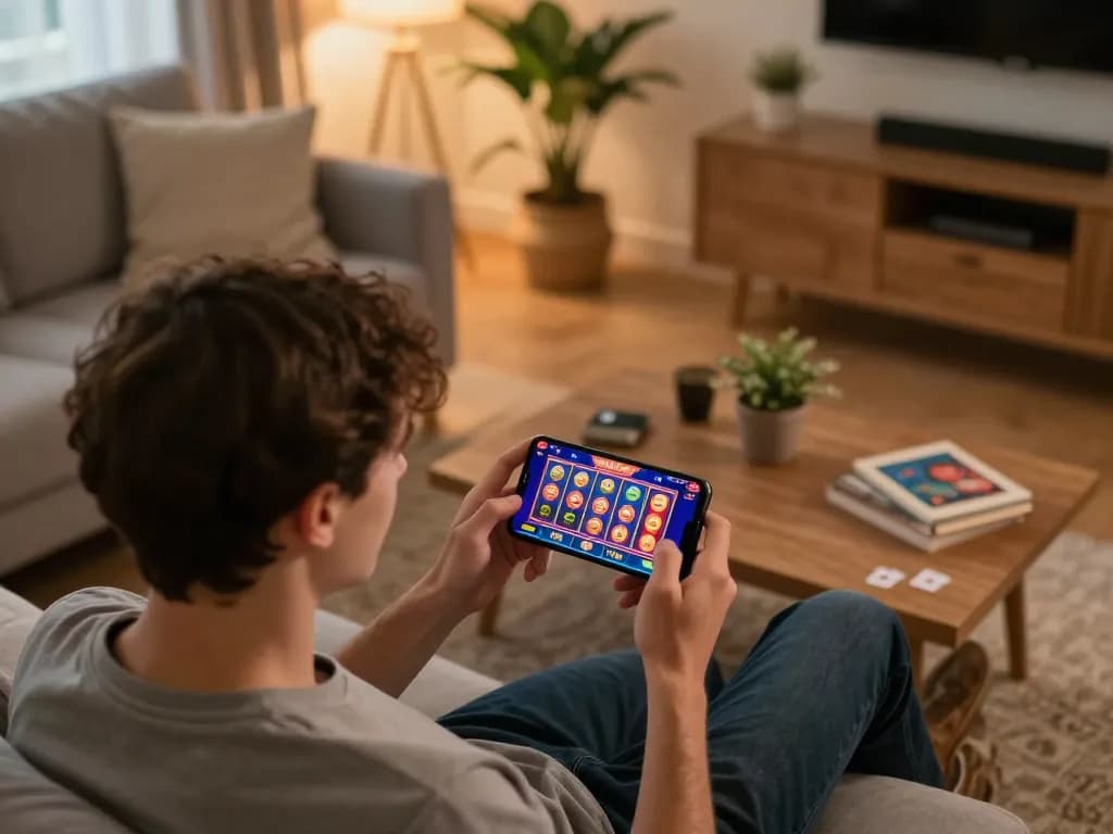 Player enjoying mobile gaming experience at home with o8 casino app interface visible