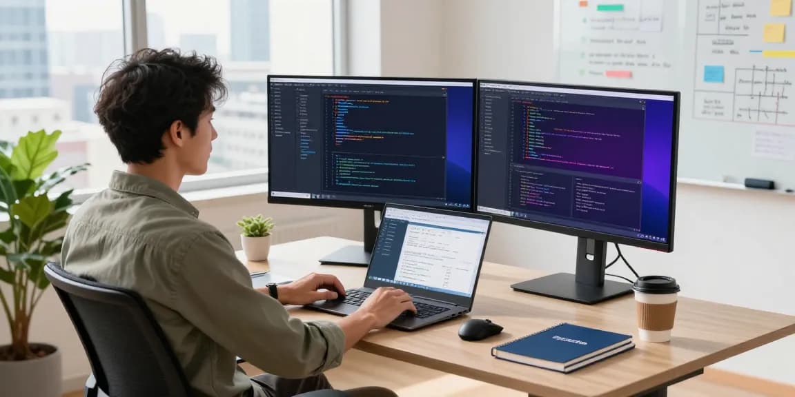 A developer working with rtischeduler tools in a modern tech workspace, showcasing vibrant coding displays and a collaborative atmosphere.