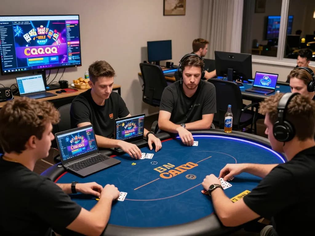Exciting IDN Poker online gaming scene with players engaged at digital tables in a modern home office.
