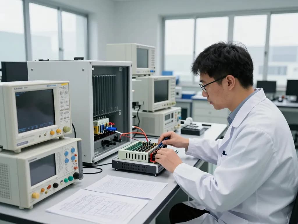 Electromagnetic compatibility Testing in a high-tech lab with an expert engineer using advanced testing equipment.