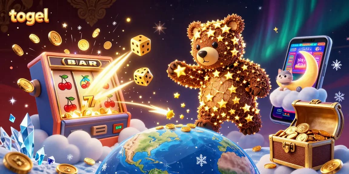 Engage in togel with a vibrant 3D illustration showcasing a constellation bear, slot machines, and gaming excitement.