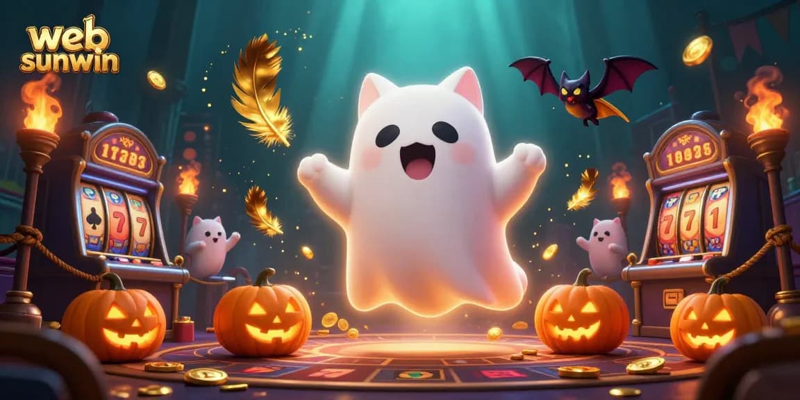 Spin the reels at web sunwin with a ghost cat and a vampire bat in a vibrant casino scene.