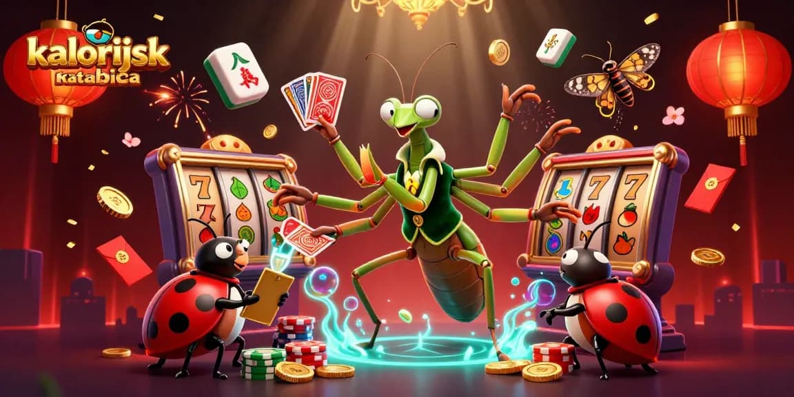 Engage with kalorijskatablica's vibrant casino scene featuring an animated praying mantis dealer and exciting slot elements.