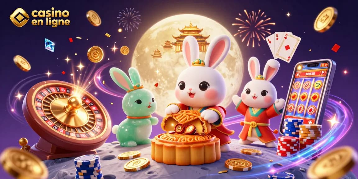 Jouer au casino en ligne avec un lapin lunaire et une ambiance de fête, révélant des gains.