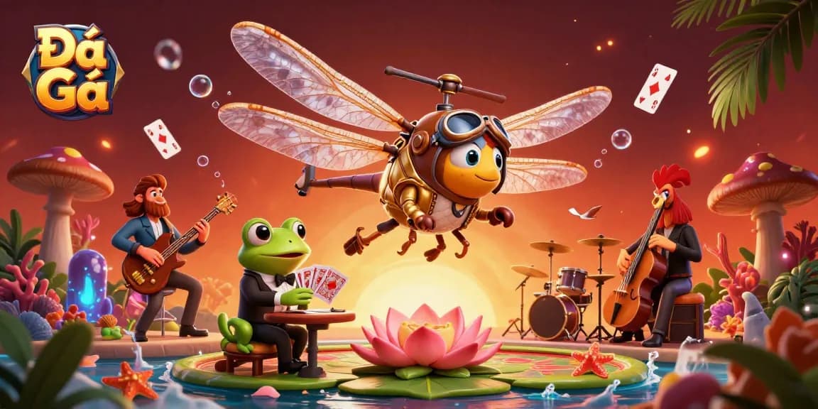 Engage in Đá Gà with a vibrant casino scene featuring a dragonfly pilot, frog croupier, and lively jazz musicians.