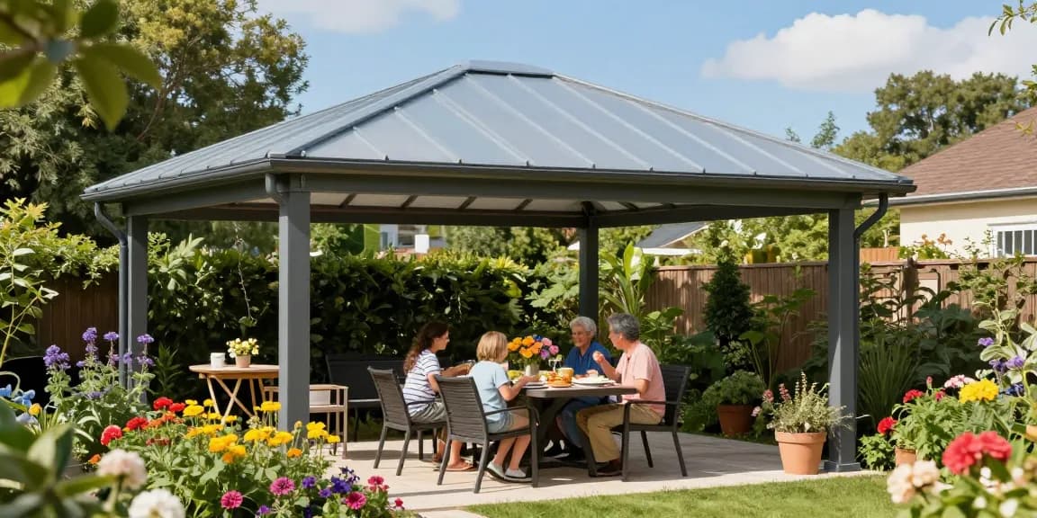 Moderne Terrassenüberdachung aus Aluminium, die eine Familie darunter geschützt beim Essen zeigt.