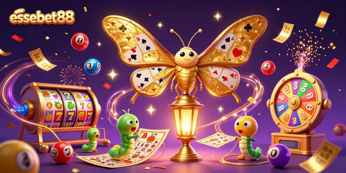 Experience the excitement of gambling with essebet88; vibrant visuals of a golden atlas moth amidst dynamic casino elements.