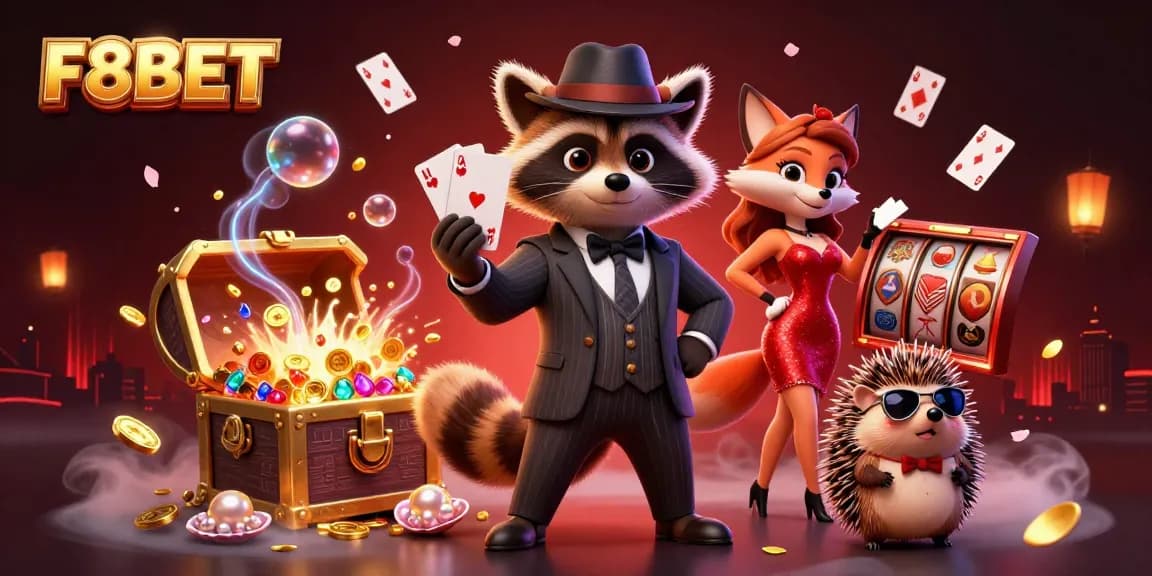 Experience thrilling wins with F8BET at this vibrant casino scene featuring charming characters.