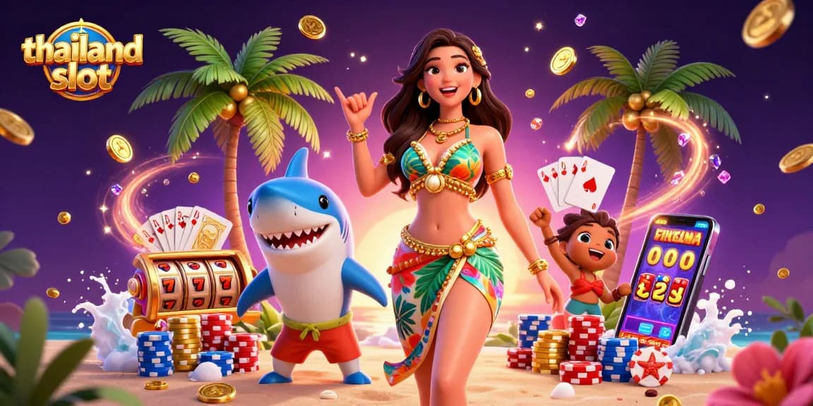 Experience thrilling action at thailand slot with a glamorous beach goddess and colorful casino elements.