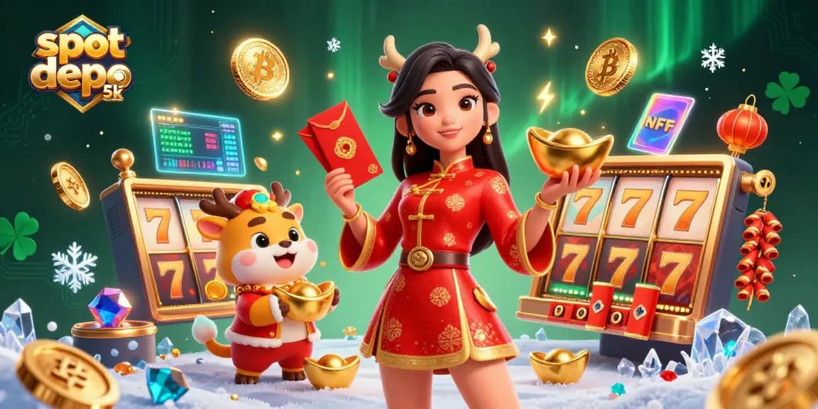 Spin the reels at slot depo 5k with vibrant characters and lucky symbols in a dazzling casino scene.