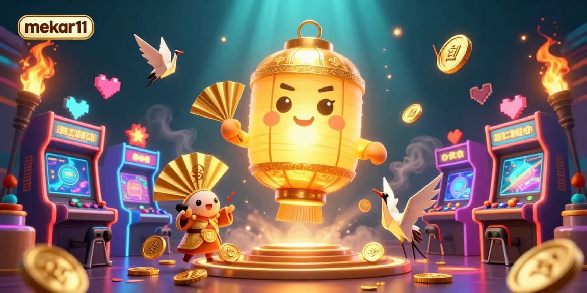 Mekar11 showcases a vibrant casino scene with a glowing golden spirit and dynamic arcade game elements.