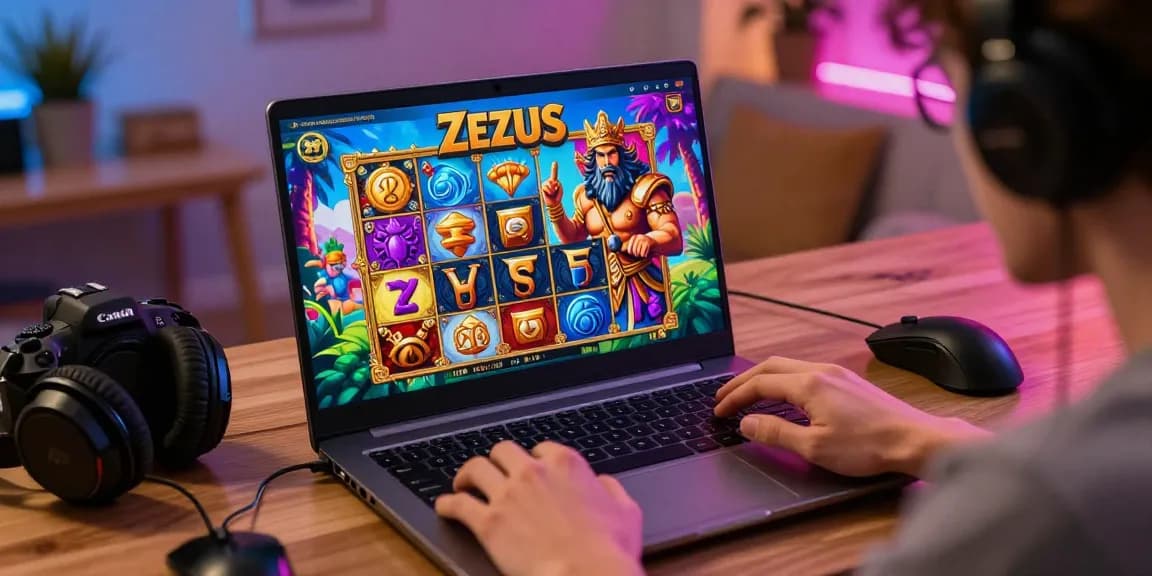 Engaging player enjoying the zeus slot game on a laptop, showcasing vibrant graphics and gaming accessories in a cozy setup.