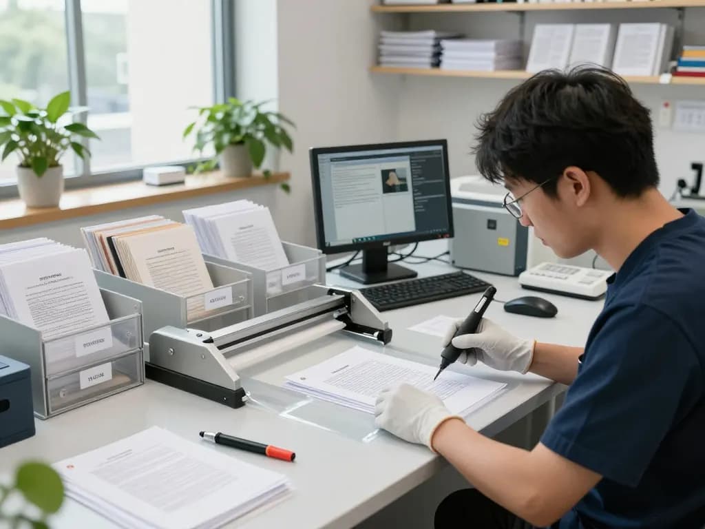 bóc ép plastic tại hà nội - technician expertly restoring documents by carefully removing plastic lamination in a bright workshop