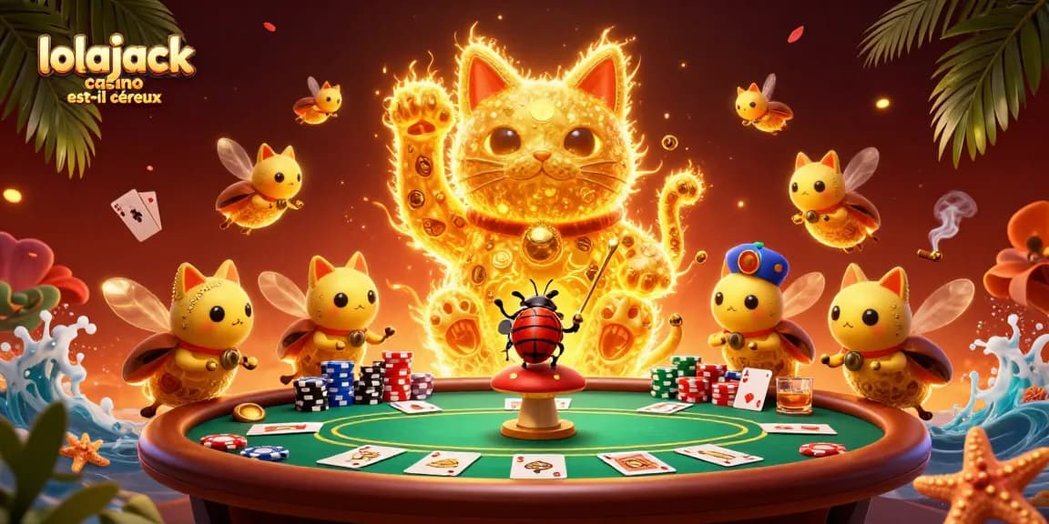 Engage with lolajack casino est-il sérieux in a vibrant 3D illustration showcasing a lucky cat and dynamic poker elements.