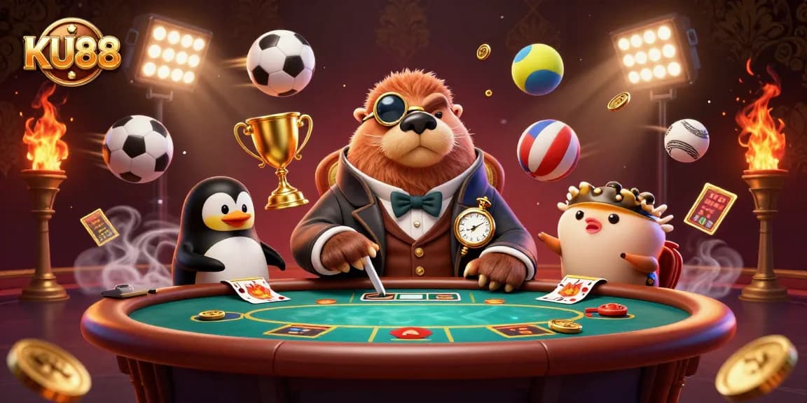 KU88 casino scene with a walrus, penguin dealer, and bluffed pufferfish at a vibrant poker table.