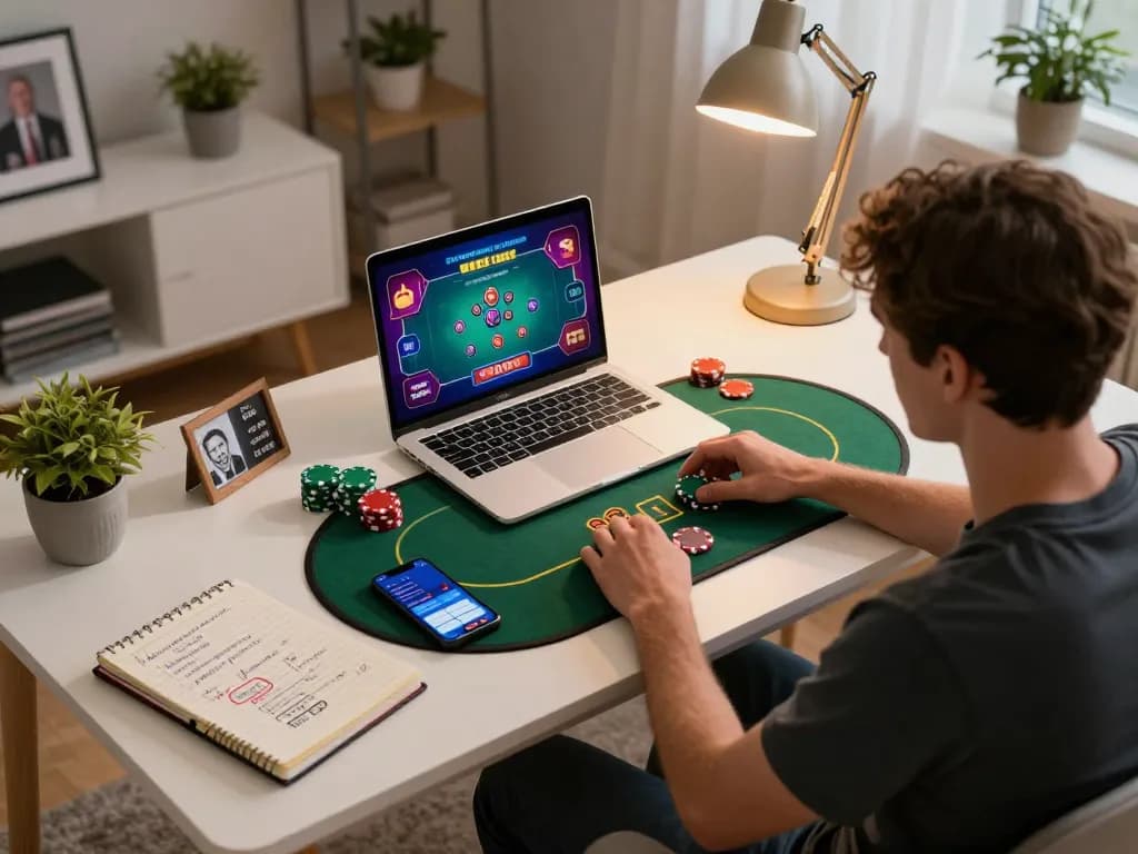 Engaging with poker strategies on 789win in a cozy home gaming setup with laptop and notes.