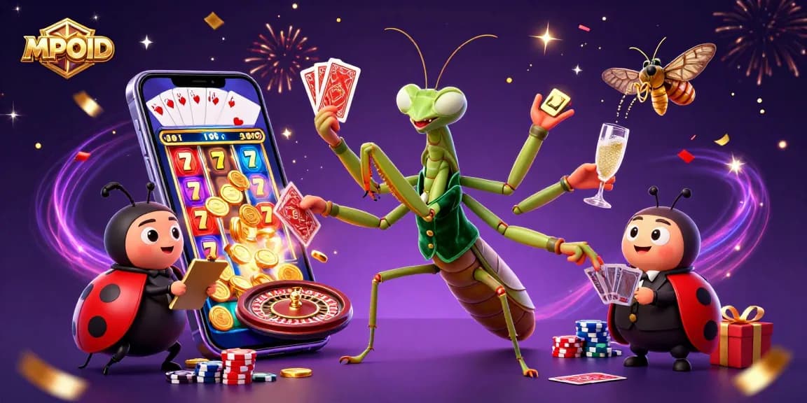 MPOID entertains with a giant mantis card sharp dealing festive casino games amid sparkling visuals.