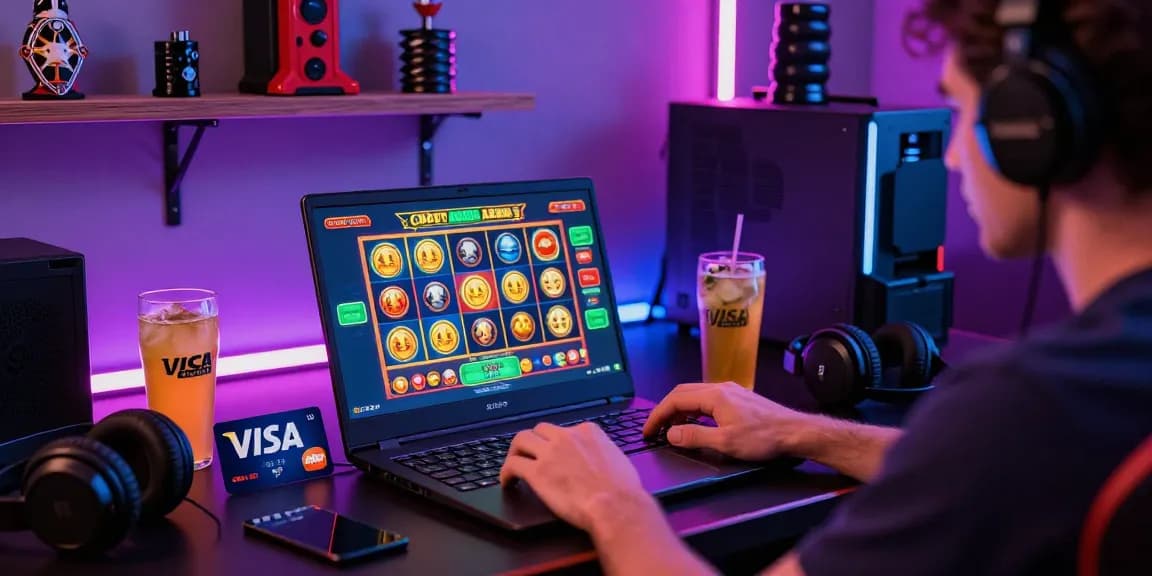 Exciting credit card casinos scene with vibrant gaming graphics, a player engaged at a laptop with Visa and Mastercard, highlighting the thrill of online gambling.